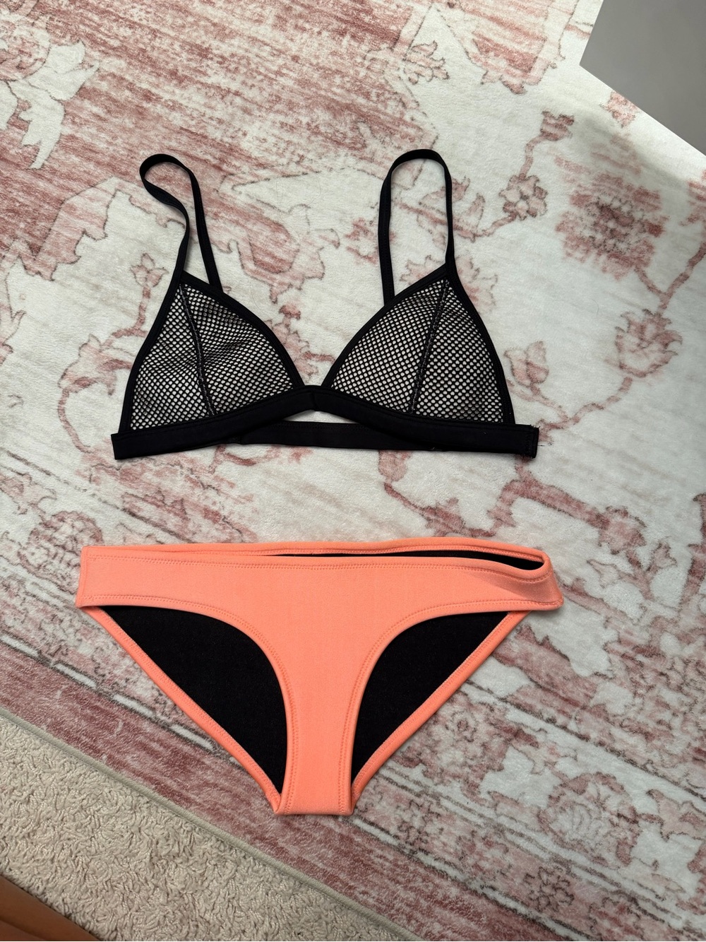 Black Mesh Triangl Bikini Top with Coral Bikini Bottom - neoprene